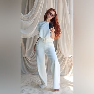 Chic White Two-Piece Lounge Set | Wide-Leg Pants & Cropped Tee